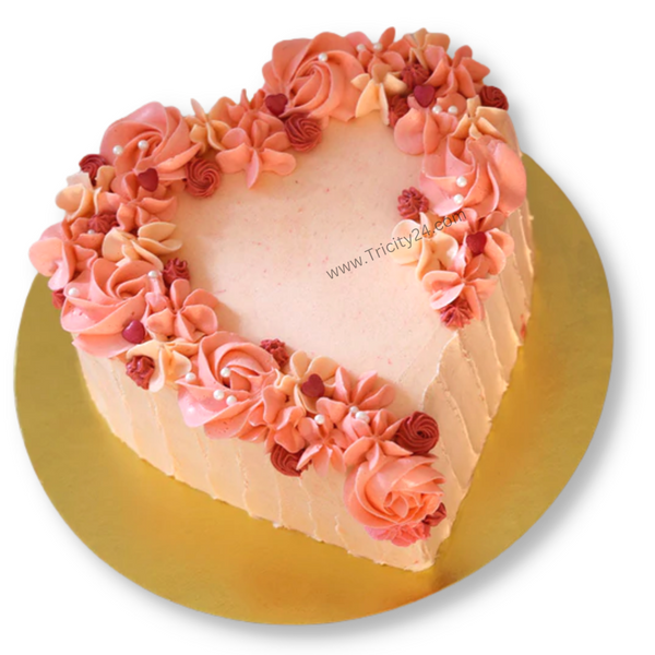 (M126) Orange Floral Heart Icing Cake (1 Kg).