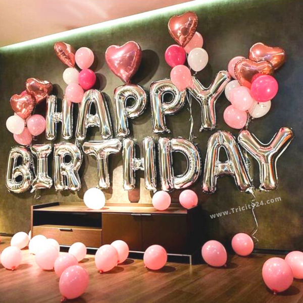 Silver Birthday Decoration With Pink Balloons (P277).